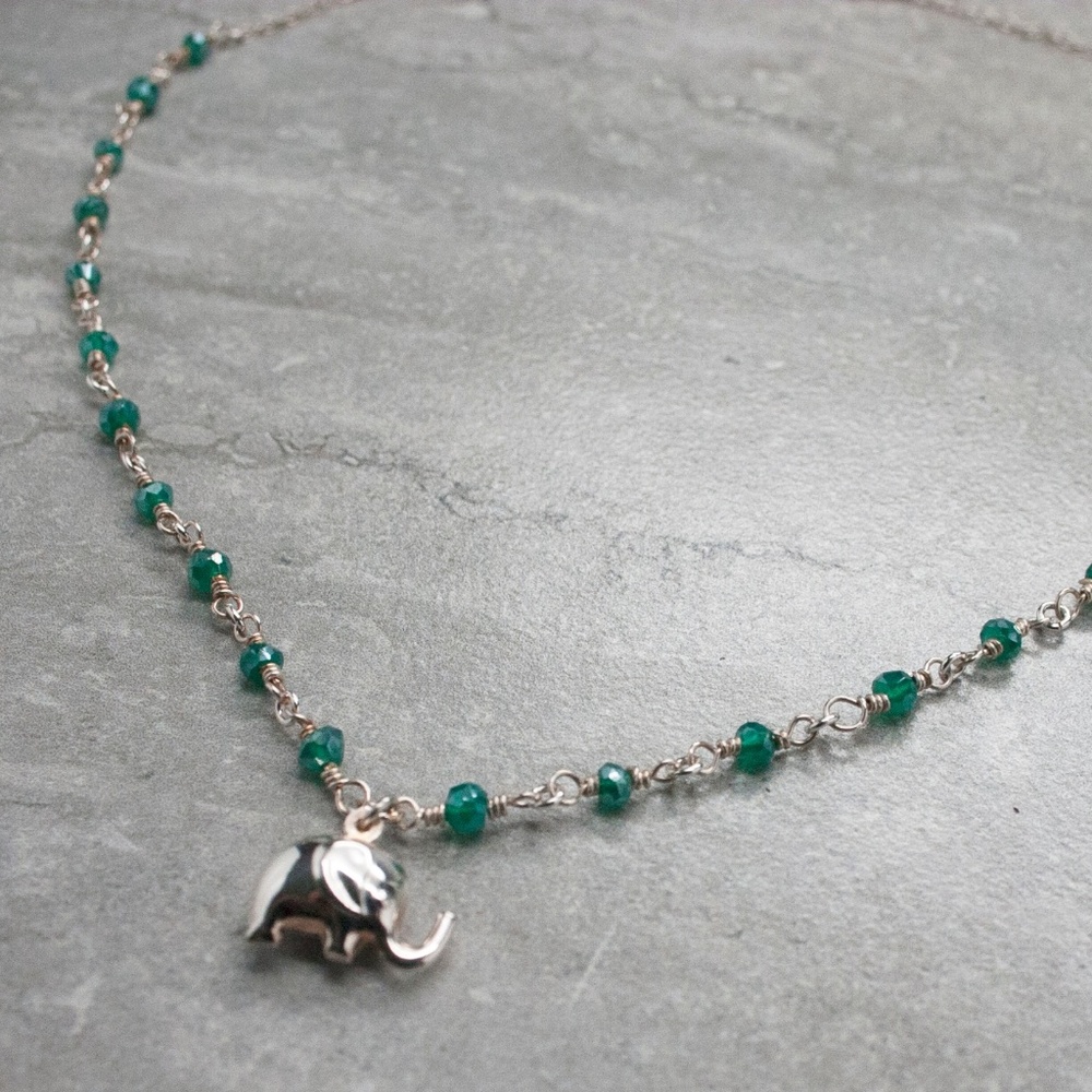 Emerald green & silver elephant charm necklace